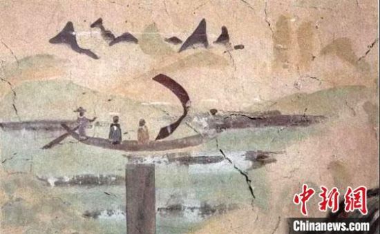 “一人搖櫓晃扁舟，兩人撐篙水上漂?！眻D為莫高窟第323窟《搖櫓帆船》（初唐）?！《鼗脱芯吭汗﹫D