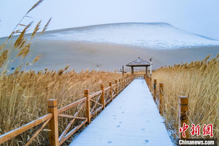 2021年11月28日，在敦煌鳴沙山月牙泉景區(qū)，沙雪交融，更顯北國風情?！⊥醣筱y 攝