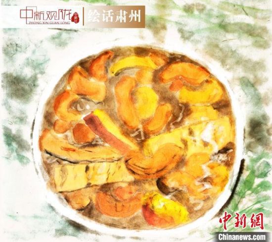 圖為酒泉美食“糊鍋”繪畫作品?！《排d彥 攝